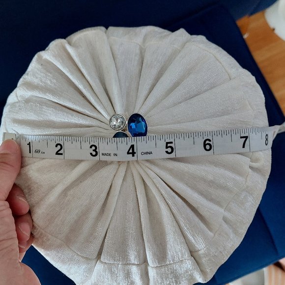 DIY White Fabric Royal Blue Beads Tufted Bling Bling Buttons Round Pillow Decor - Picture 4 of 7